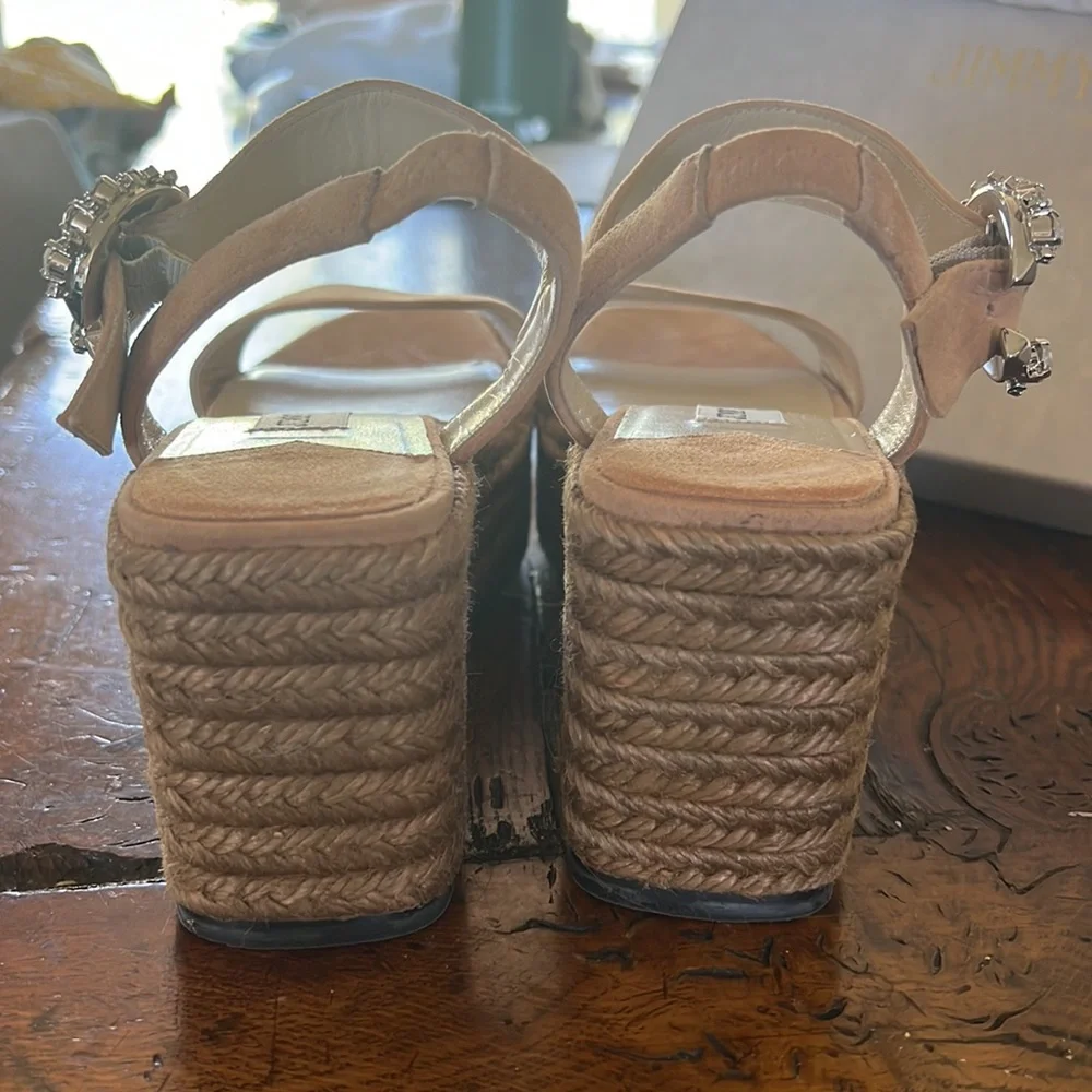 Jimmy Choo Beige Suede Espadrille Wedge Sandals with Crystal Buckle